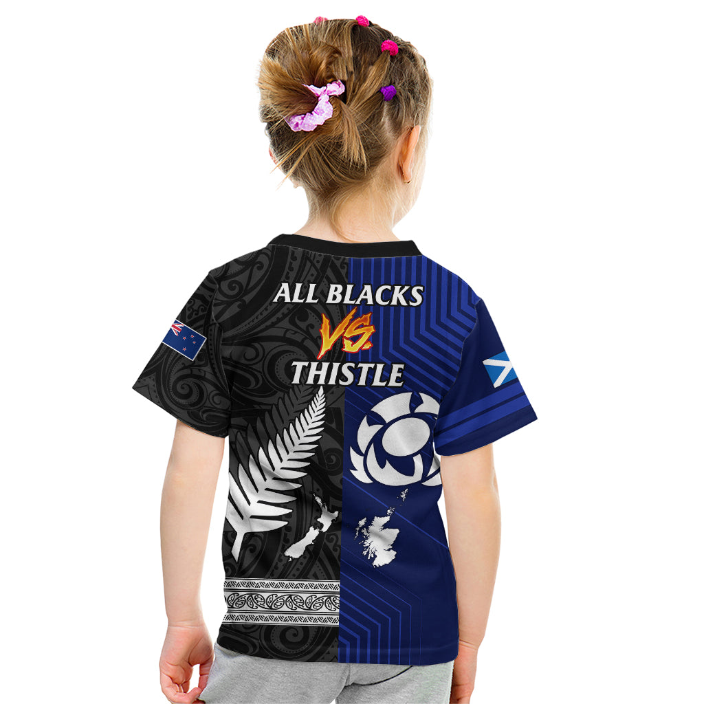 New Zealand and Scotland Rugby Kid T Shirt All Black Maori With Thistle Together - Vibe Hoodie Shop