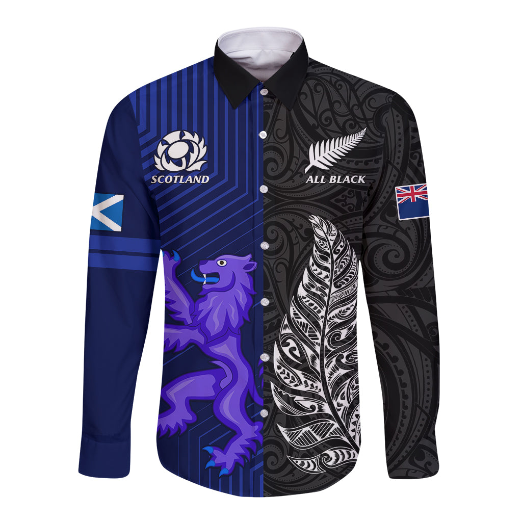 New Zealand and Scotland Rugby Long Sleeve Button Shirt All Black Maori With Thistle Together - Vibe Hoodie Shop
