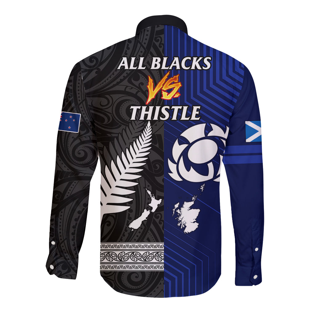 New Zealand and Scotland Rugby Long Sleeve Button Shirt All Black Maori With Thistle Together - Vibe Hoodie Shop