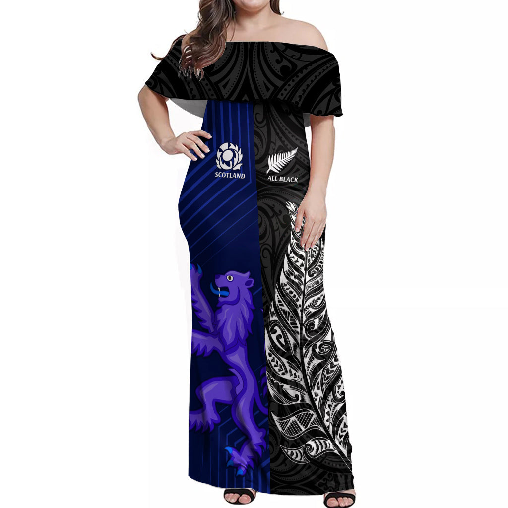 New Zealand and Scotland Rugby Off Shoulder Maxi Dress All Black Maori With Thistle Together - Vibe Hoodie Shop