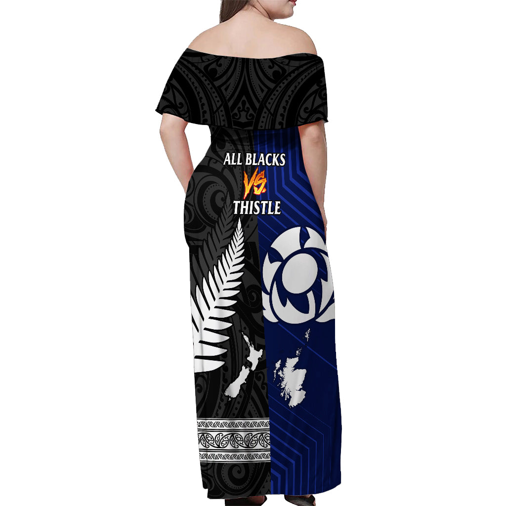 New Zealand and Scotland Rugby Off Shoulder Maxi Dress All Black Maori With Thistle Together - Vibe Hoodie Shop