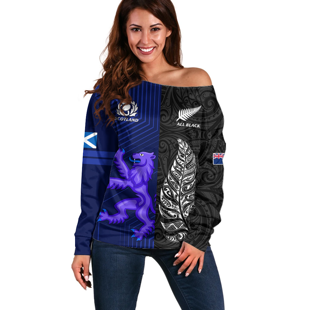 New Zealand and Scotland Rugby Off Shoulder Sweater All Black Maori With Thistle Together - Vibe Hoodie Shop