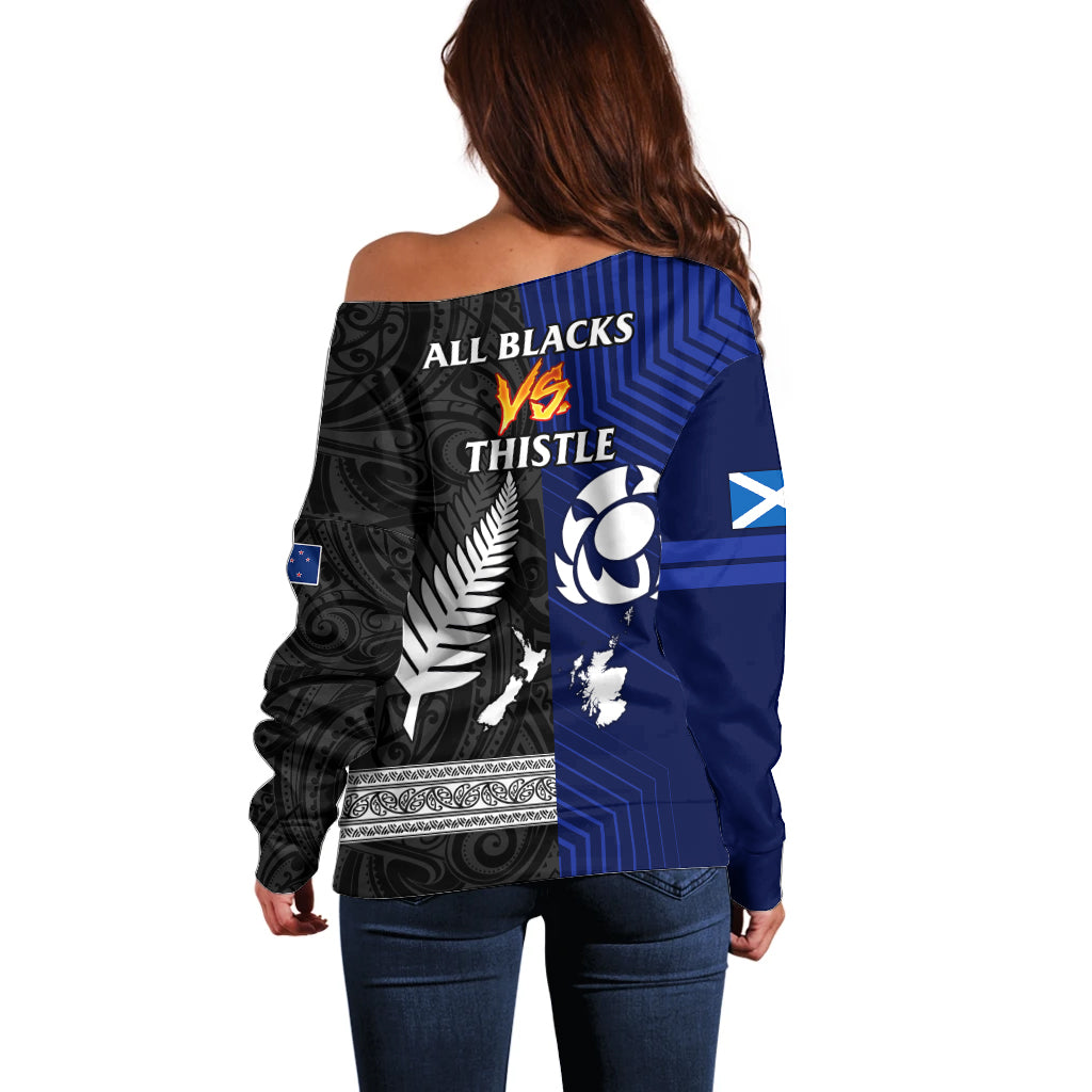 New Zealand and Scotland Rugby Off Shoulder Sweater All Black Maori With Thistle Together - Vibe Hoodie Shop