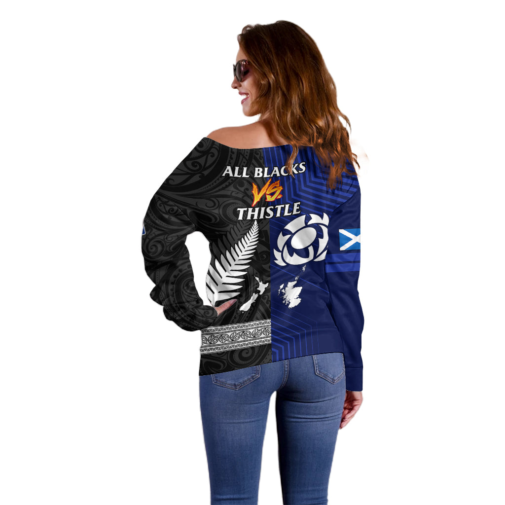 New Zealand and Scotland Rugby Off Shoulder Sweater All Black Maori With Thistle Together - Vibe Hoodie Shop
