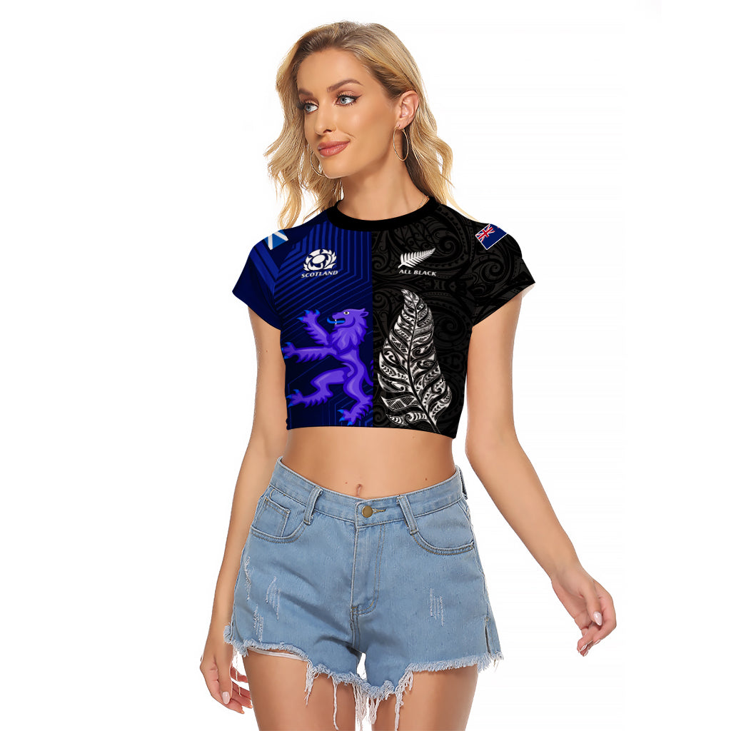 New Zealand and Scotland Rugby Raglan Cropped T Shirt All Black Maori With Thistle Together - Vibe Hoodie Shop
