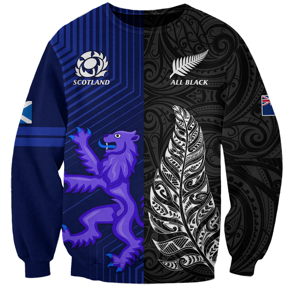 New Zealand and Scotland Rugby Sweatshirt All Black Maori With Thistle Together - Vibe Hoodie Shop