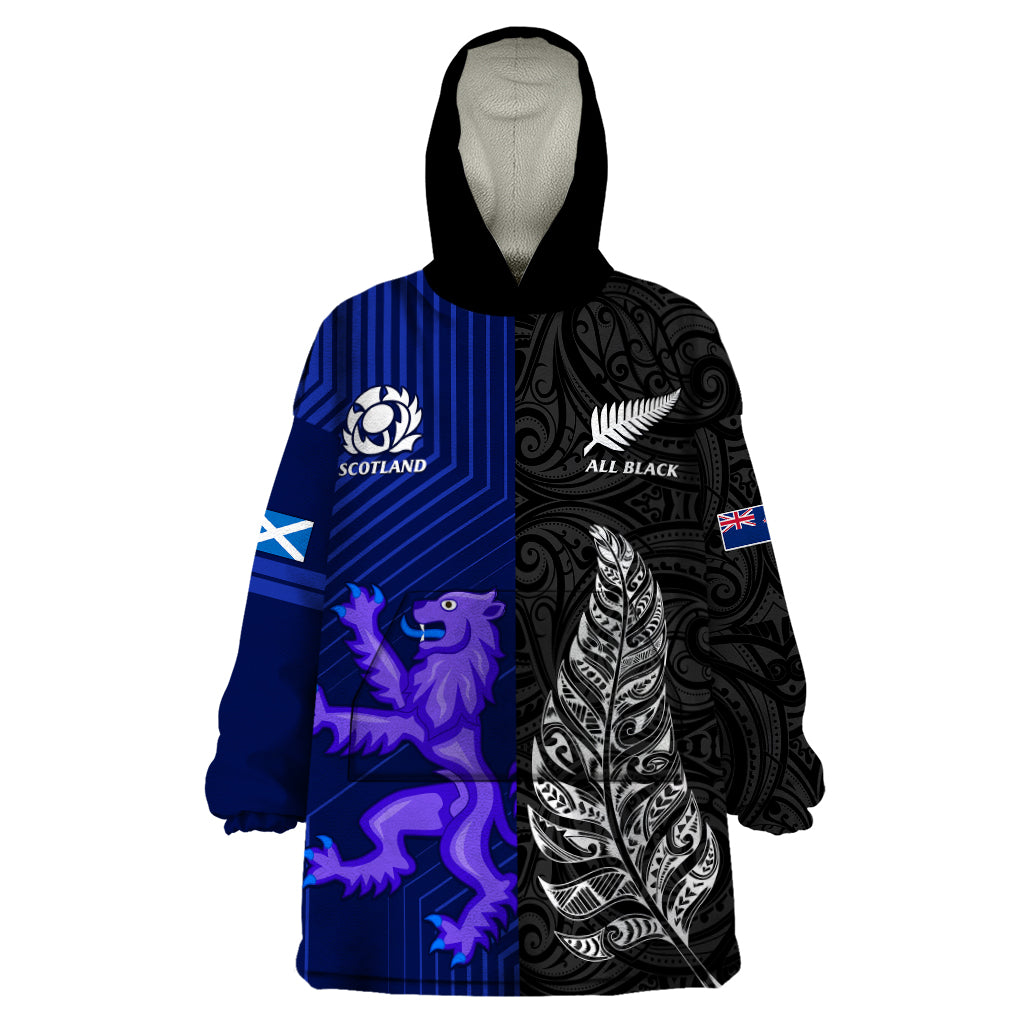 New Zealand and Scotland Rugby Wearable Blanket Hoodie All Black Maori With Thistle Together - Vibe Hoodie Shop