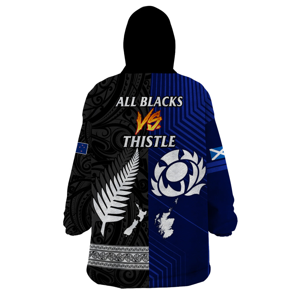 New Zealand and Scotland Rugby Wearable Blanket Hoodie All Black Maori With Thistle Together - Vibe Hoodie Shop