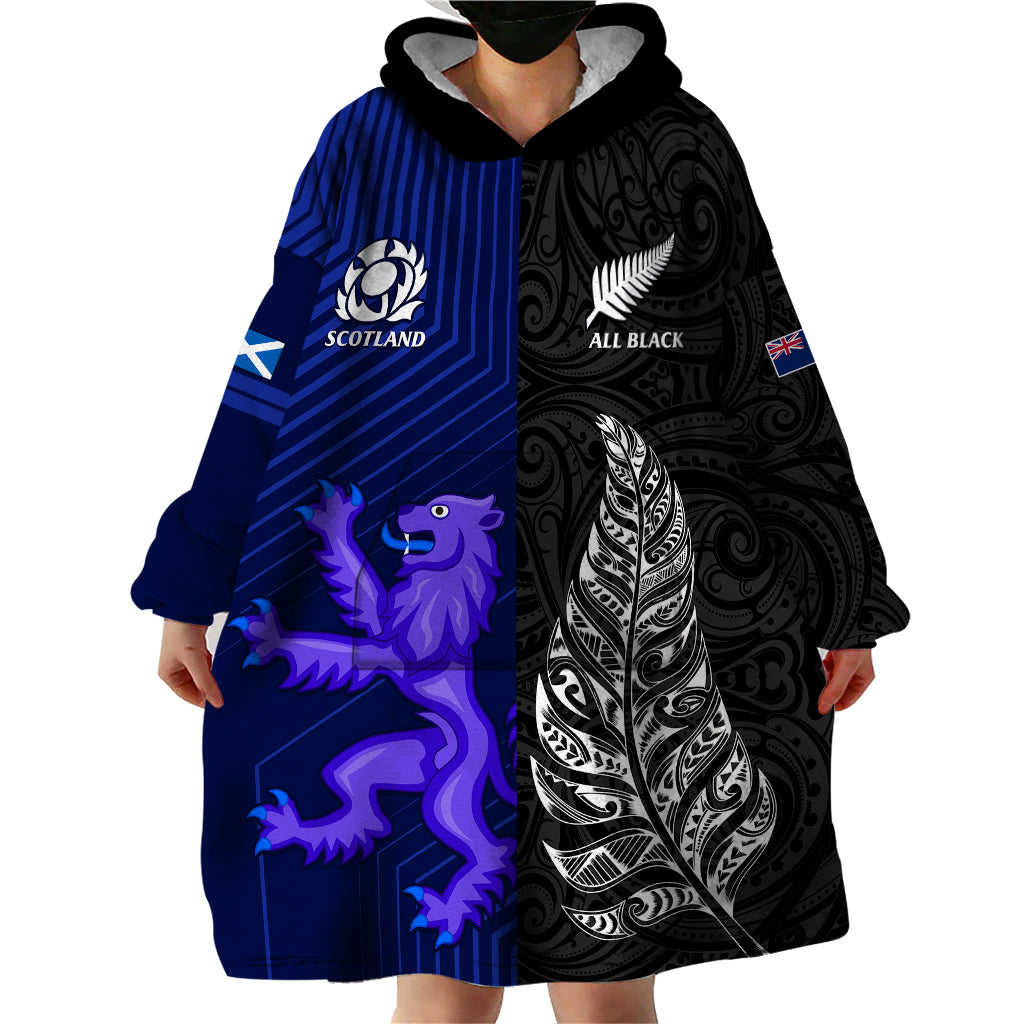 New Zealand and Scotland Rugby Wearable Blanket Hoodie All Black Maori With Thistle Together - Vibe Hoodie Shop