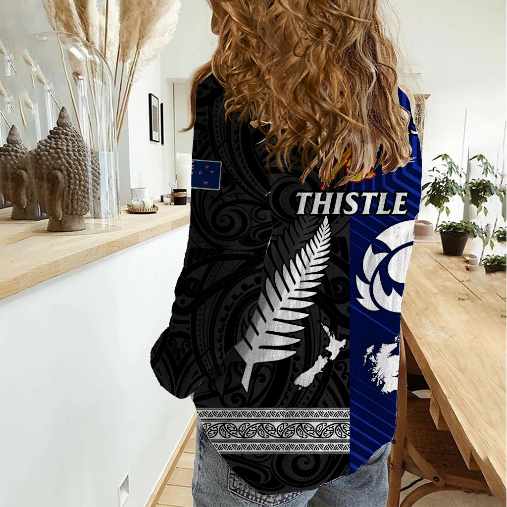 New Zealand and Scotland Rugby Women Casual Shirt All Black Maori With Thistle Together - Vibe Hoodie Shop