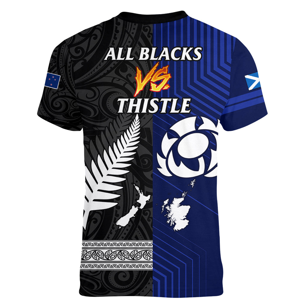 New Zealand and Scotland Rugby Women V Neck T Shirt All Black Maori With Thistle Together - Vibe Hoodie Shop