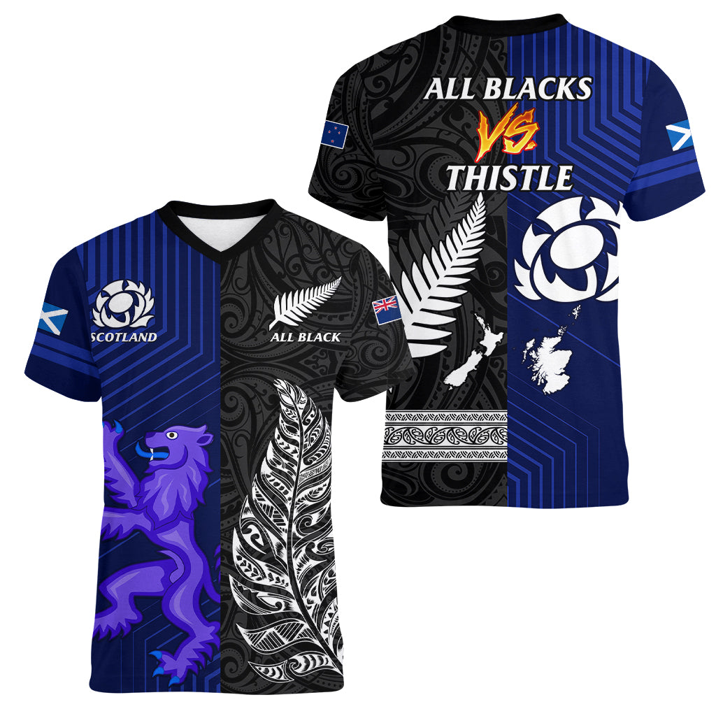 New Zealand and Scotland Rugby Women V Neck T Shirt All Black Maori With Thistle Together - Vibe Hoodie Shop