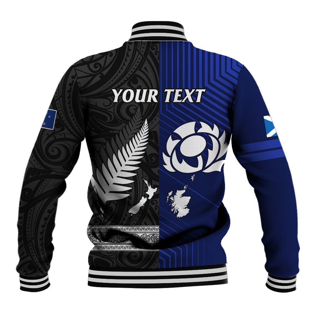 Personalised New Zealand and Scotland Rugby Baseball Jacket All Black Maori With Thistle Together - Vibe Hoodie Shop
