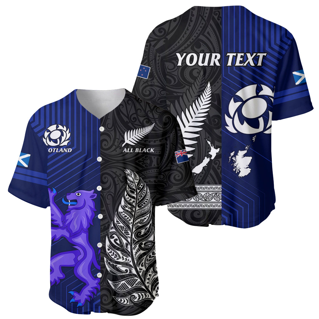 Personalised New Zealand and Scotland Rugby Baseball Jersey All Black Maori With Thistle Together - Vibe Hoodie Shop