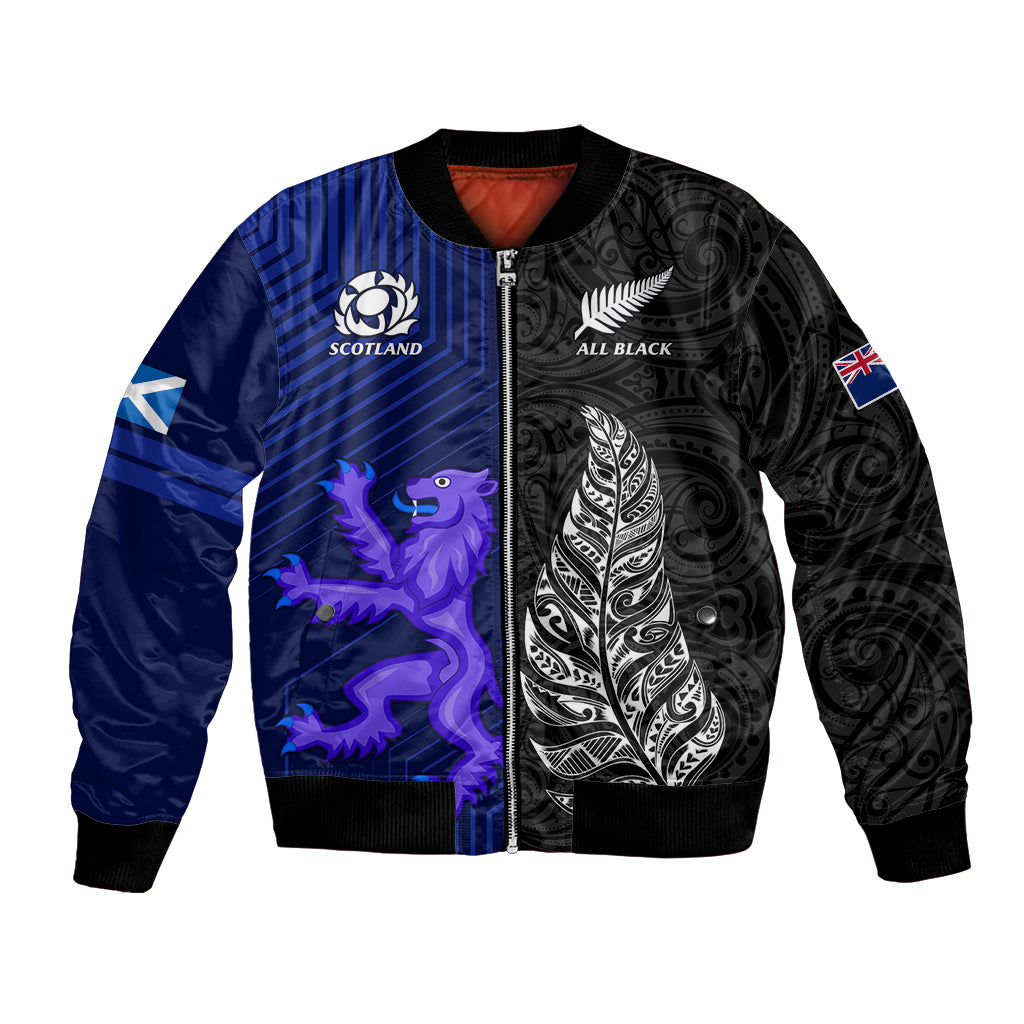 Personalised New Zealand and Scotland Rugby Bomber Jacket All Black Maori With Thistle Together - Vibe Hoodie Shop