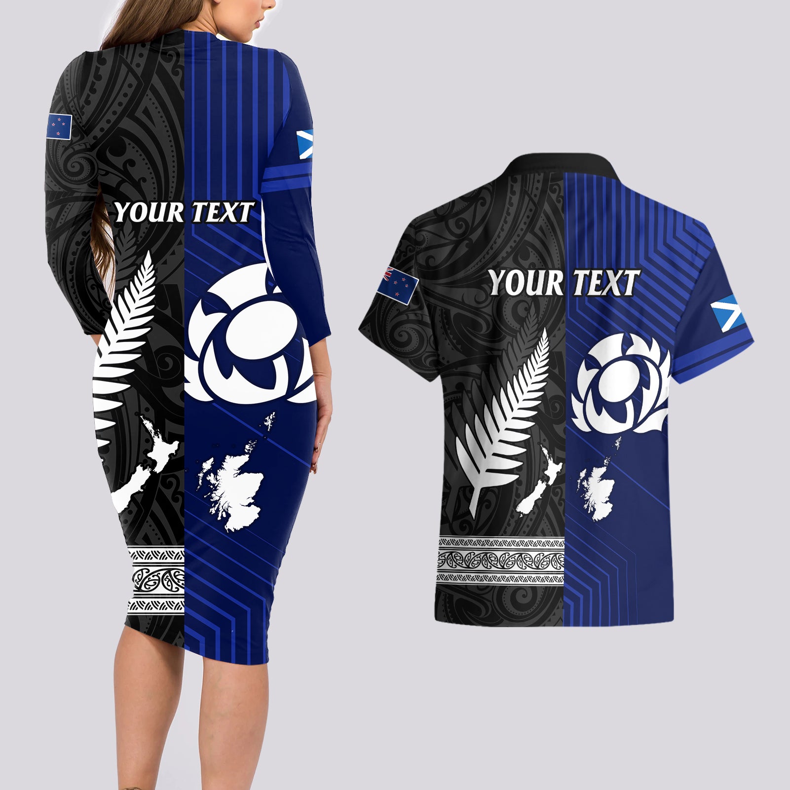 personalised-new-zealand-and-scotland-rugby-couples-matching-long-sleeve-bodycon-dress-and-hawaiian-shirt-all-black-maori-with-thistle-together