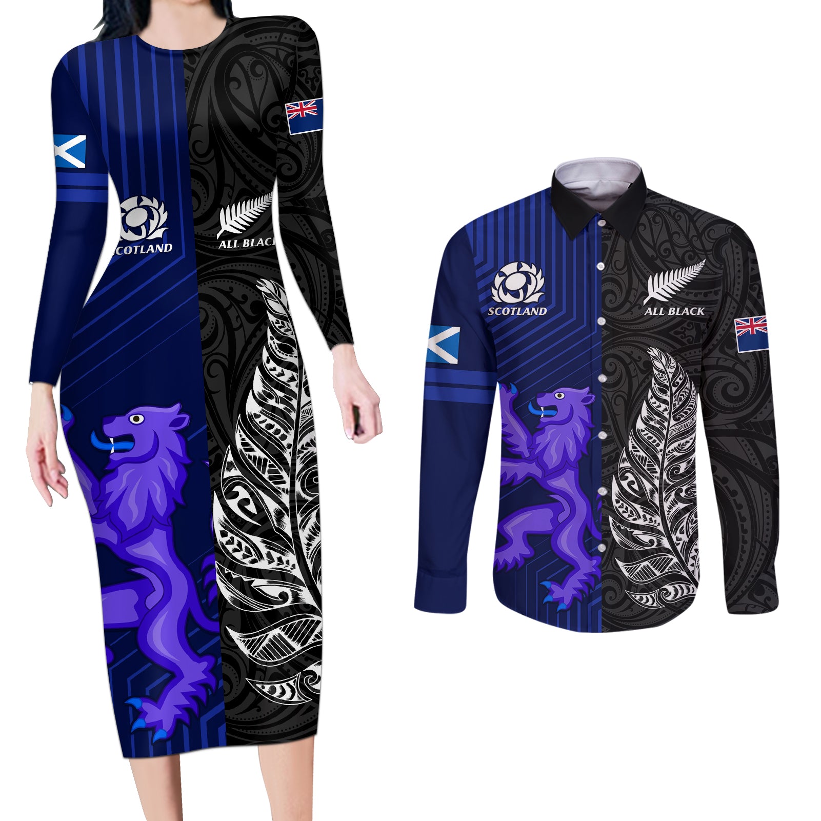 personalised-new-zealand-and-scotland-rugby-couples-matching-long-sleeve-bodycon-dress-and-long-sleeve-button-shirts-all-black-maori-with-thistle-together