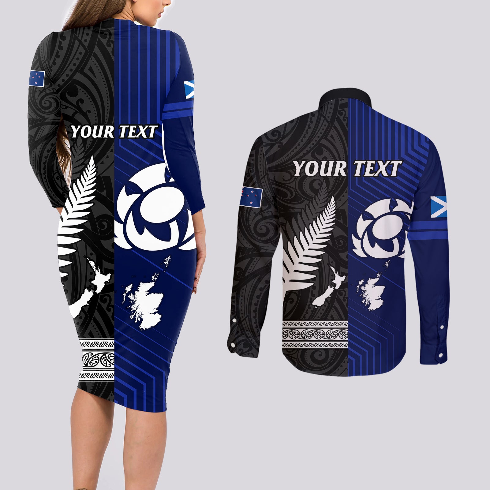 personalised-new-zealand-and-scotland-rugby-couples-matching-long-sleeve-bodycon-dress-and-long-sleeve-button-shirts-all-black-maori-with-thistle-together