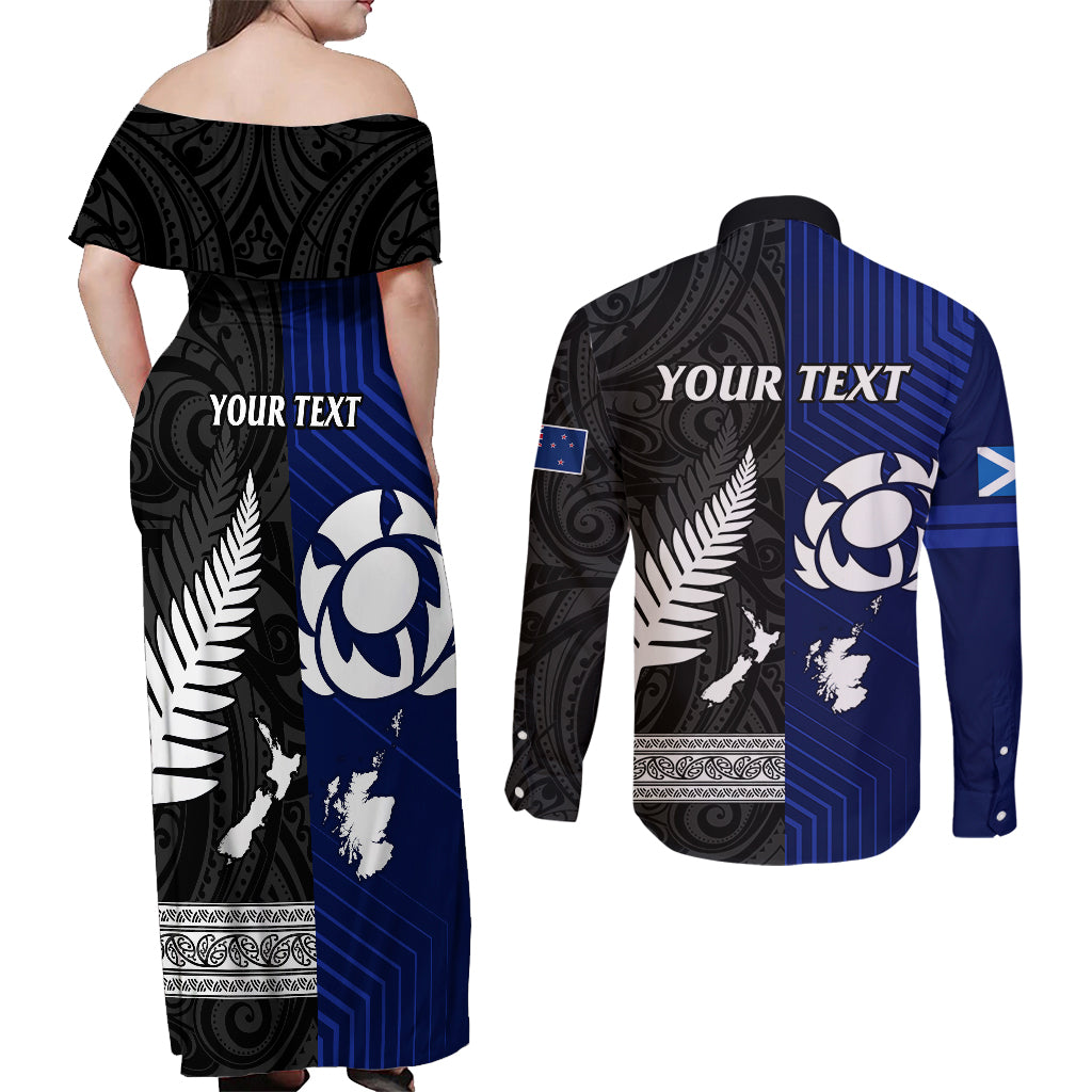 personalised-new-zealand-and-scotland-rugby-couples-matching-off-shoulder-maxi-dress-and-long-sleeve-button-shirts-all-black-maori-with-thistle-together