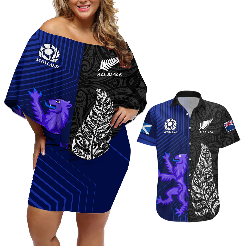 personalised-new-zealand-and-scotland-rugby-couples-matching-off-shoulder-short-dress-and-hawaiian-shirt-all-black-maori-with-thistle-together