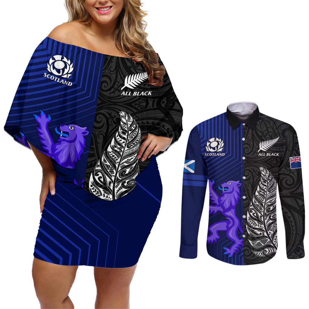 personalised-new-zealand-and-scotland-rugby-couples-matching-off-shoulder-short-dress-and-long-sleeve-button-shirts-all-black-maori-with-thistle-together