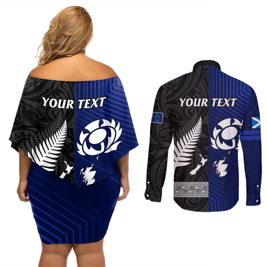 personalised-new-zealand-and-scotland-rugby-couples-matching-off-shoulder-short-dress-and-long-sleeve-button-shirts-all-black-maori-with-thistle-together