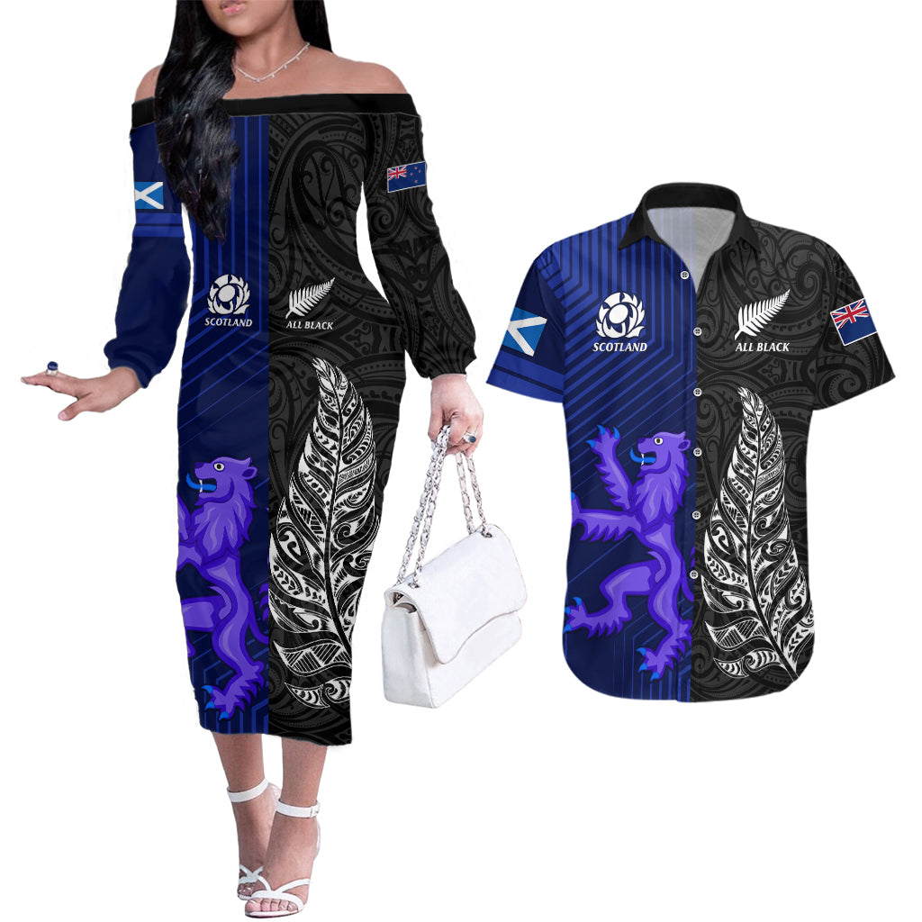 personalised-new-zealand-and-scotland-rugby-couples-matching-off-the-shoulder-long-sleeve-dress-and-hawaiian-shirt-all-black-maori-with-thistle-together