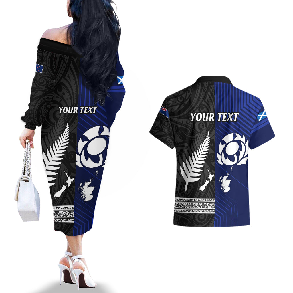 personalised-new-zealand-and-scotland-rugby-couples-matching-off-the-shoulder-long-sleeve-dress-and-hawaiian-shirt-all-black-maori-with-thistle-together