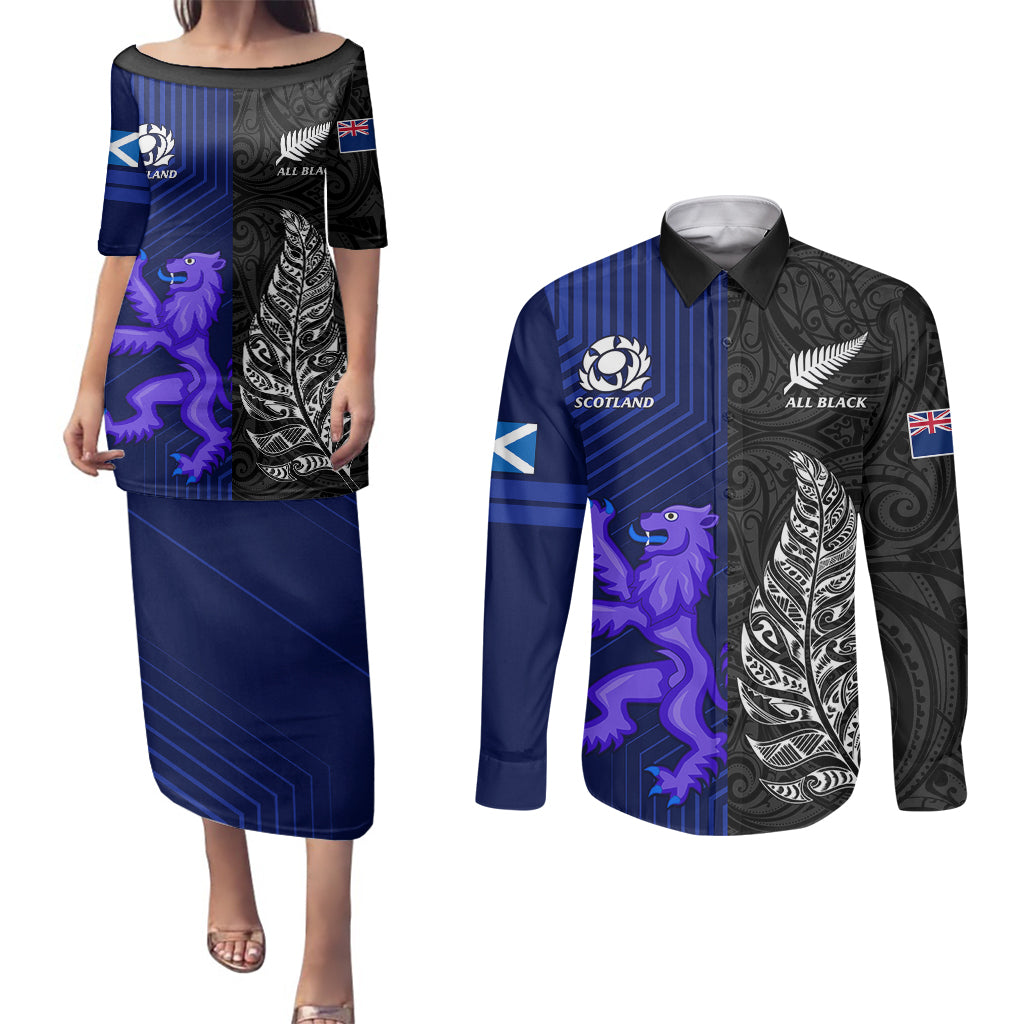 personalised-new-zealand-and-scotland-rugby-couples-matching-puletasi-dress-and-long-sleeve-button-shirts-all-black-maori-with-thistle-together