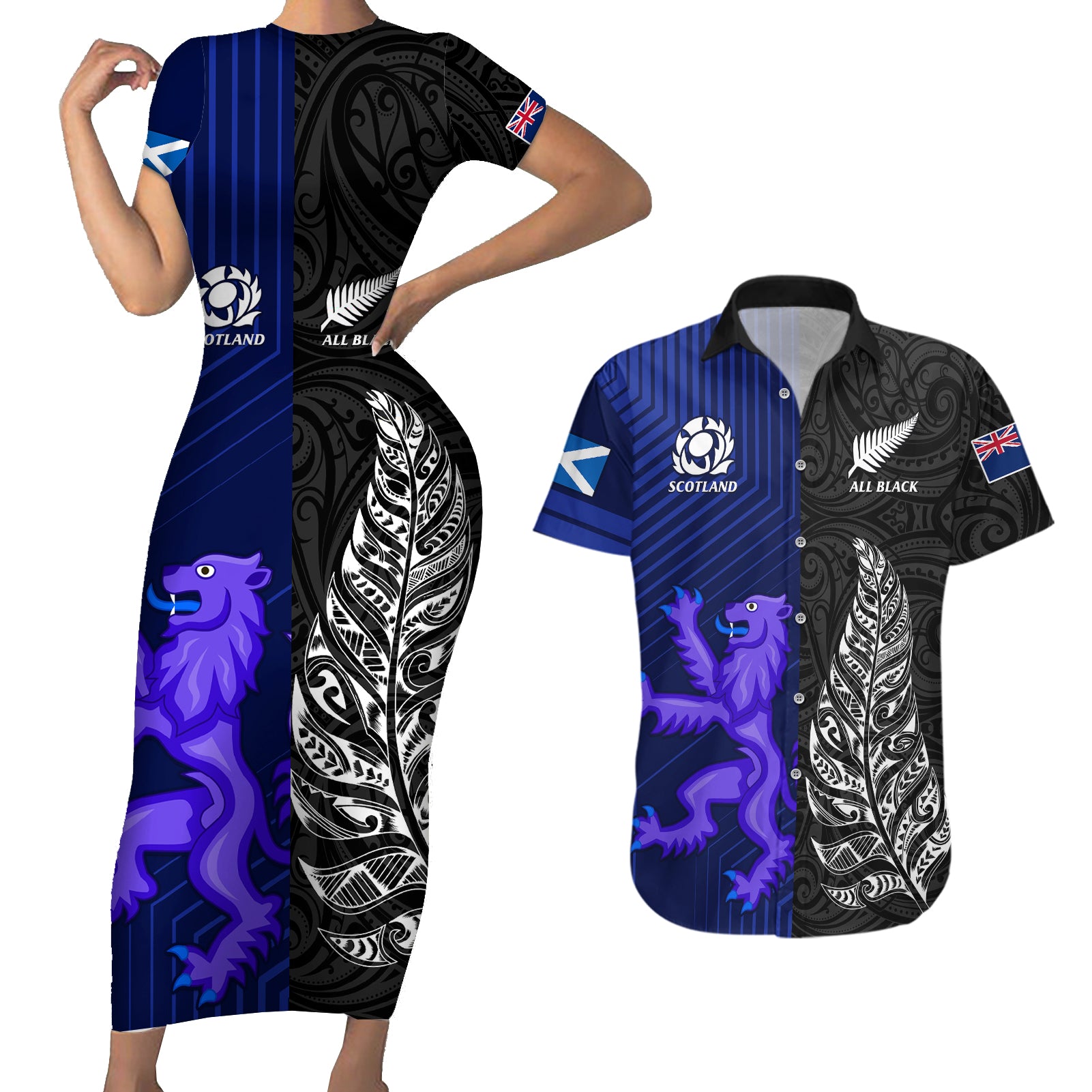 personalised-new-zealand-and-scotland-rugby-couples-matching-short-sleeve-bodycon-dress-and-hawaiian-shirt-all-black-maori-with-thistle-together