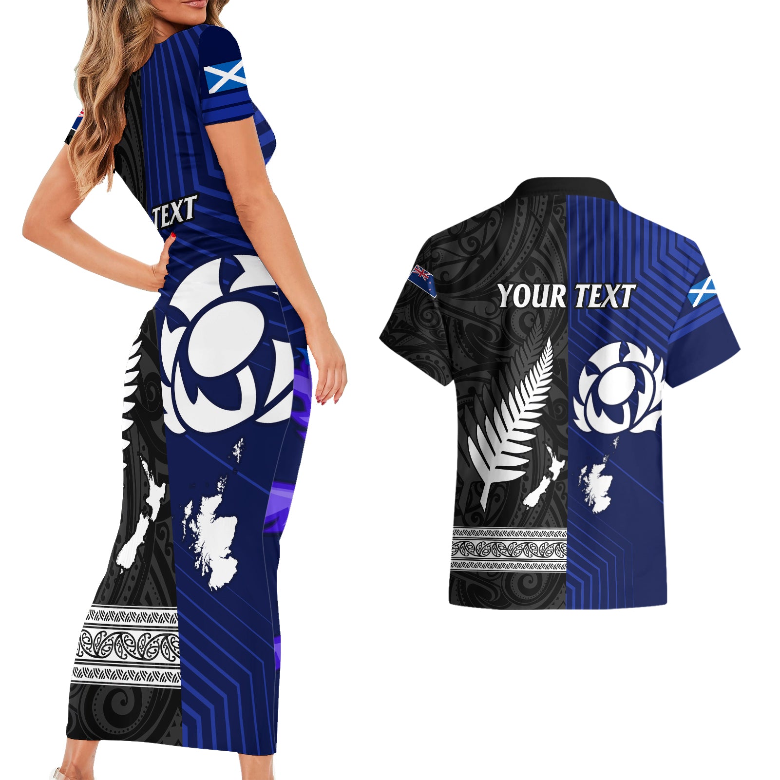 personalised-new-zealand-and-scotland-rugby-couples-matching-short-sleeve-bodycon-dress-and-hawaiian-shirt-all-black-maori-with-thistle-together