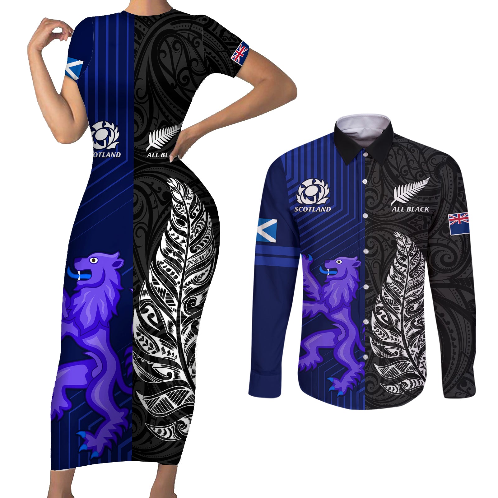 personalised-new-zealand-and-scotland-rugby-couples-matching-short-sleeve-bodycon-dress-and-long-sleeve-button-shirts-all-black-maori-with-thistle-together