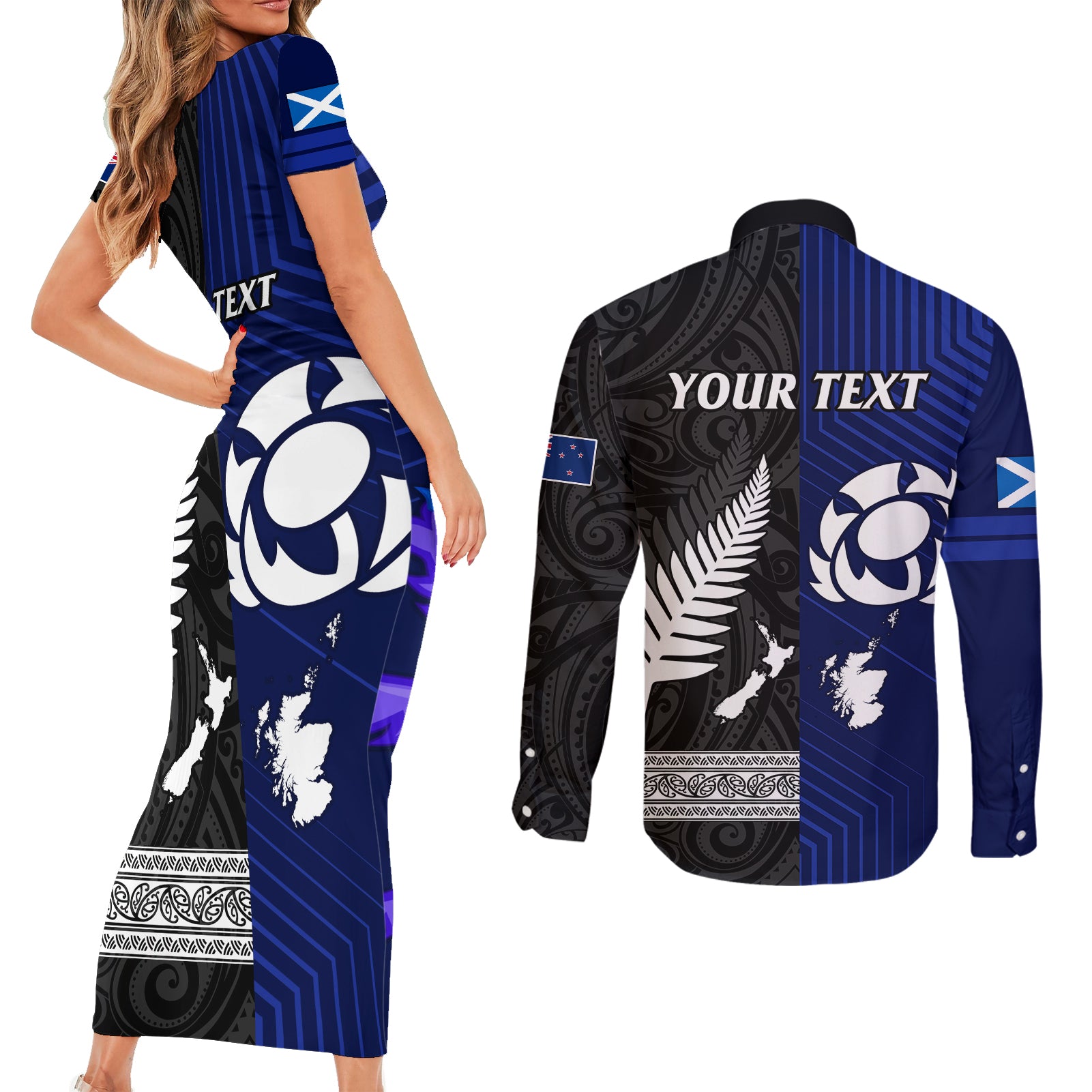 personalised-new-zealand-and-scotland-rugby-couples-matching-short-sleeve-bodycon-dress-and-long-sleeve-button-shirts-all-black-maori-with-thistle-together