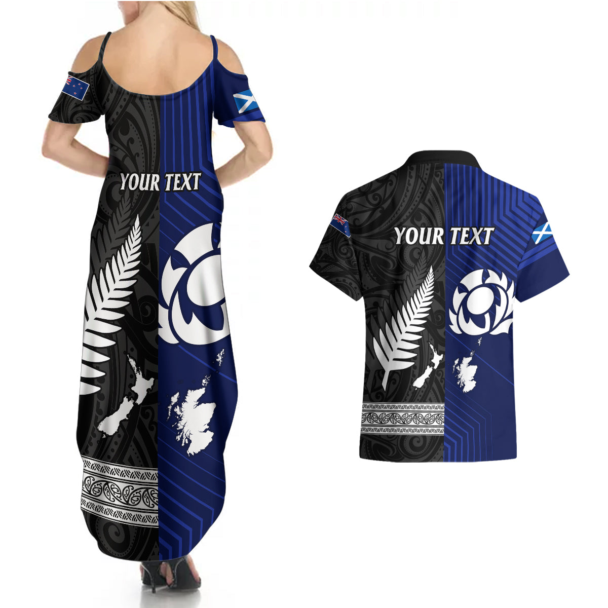 personalised-new-zealand-and-scotland-rugby-couples-matching-summer-maxi-dress-and-hawaiian-shirt-all-black-maori-with-thistle-together