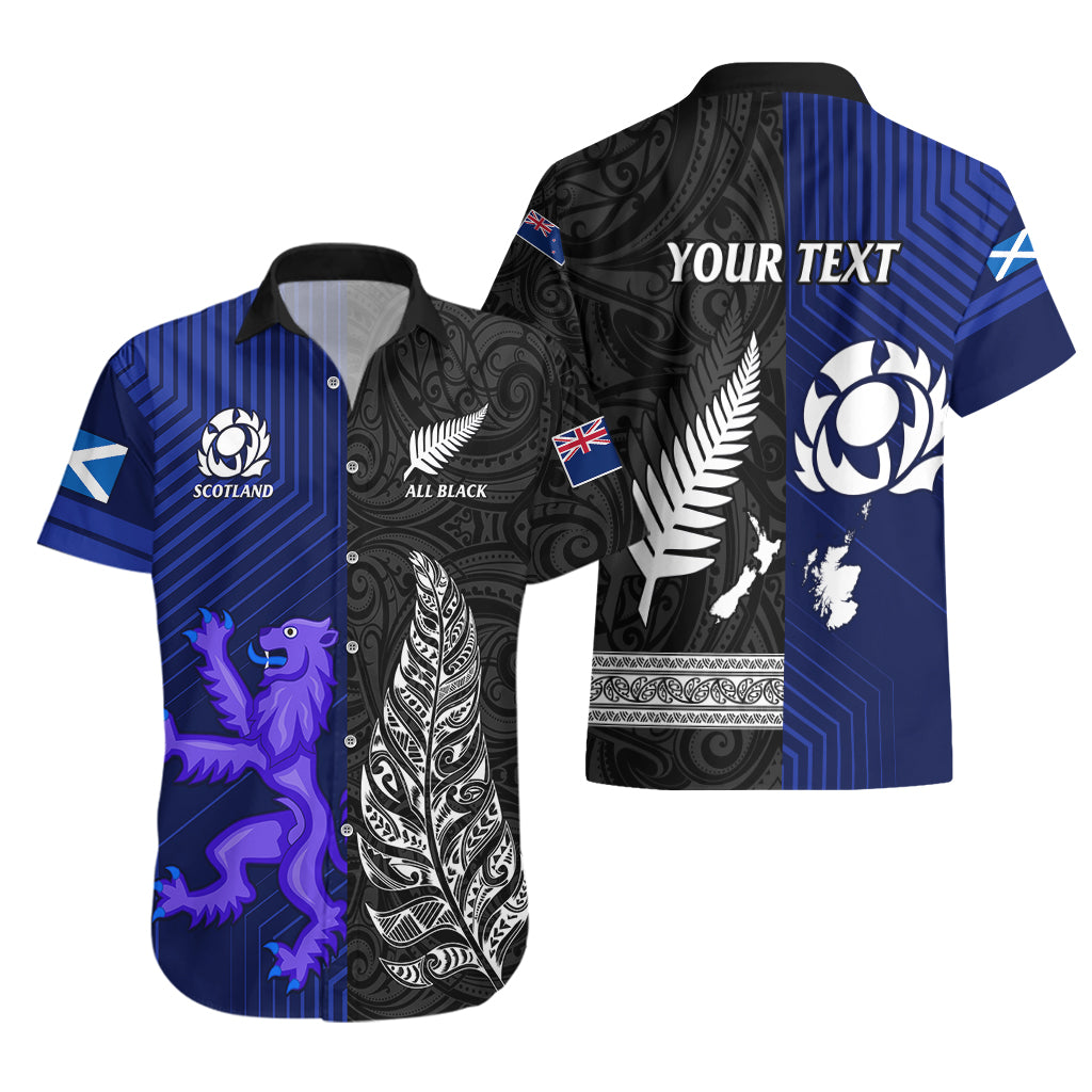Personalised New Zealand and Scotland Rugby Hawaiian Shirt All Black Maori With Thistle Together - Vibe Hoodie Shop