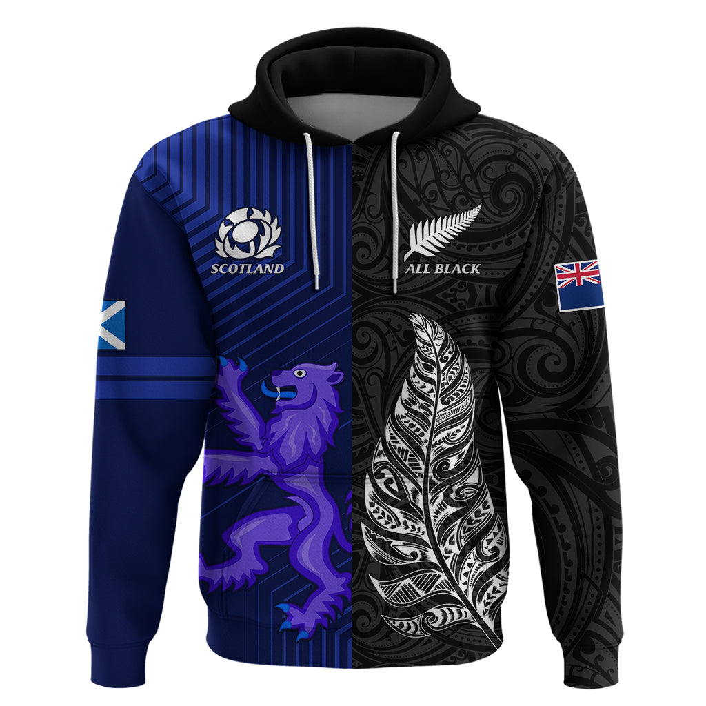 Personalised New Zealand and Scotland Rugby Hoodie All Black Maori With Thistle Together - Vibe Hoodie Shop