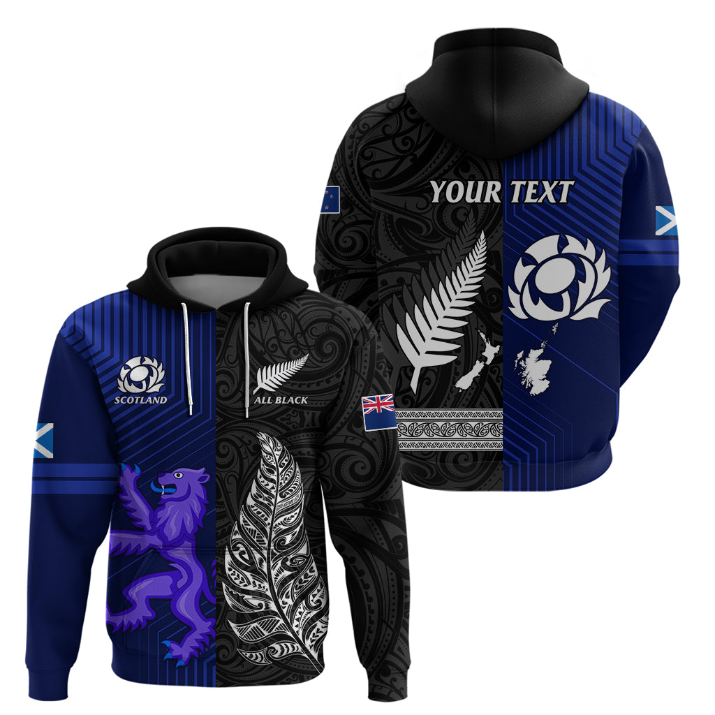 Personalised New Zealand and Scotland Rugby Hoodie All Black Maori With Thistle Together - Vibe Hoodie Shop