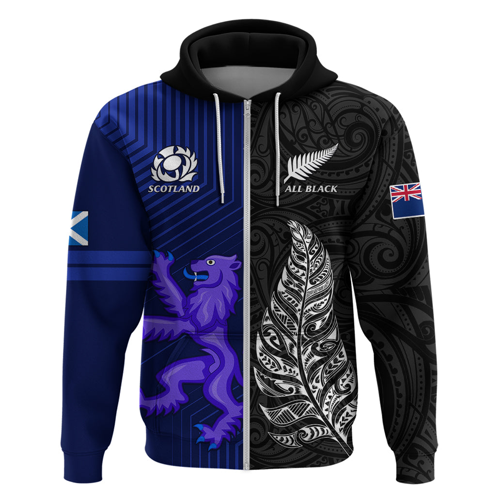 Personalised New Zealand and Scotland Rugby Hoodie All Black Maori With Thistle Together - Vibe Hoodie Shop