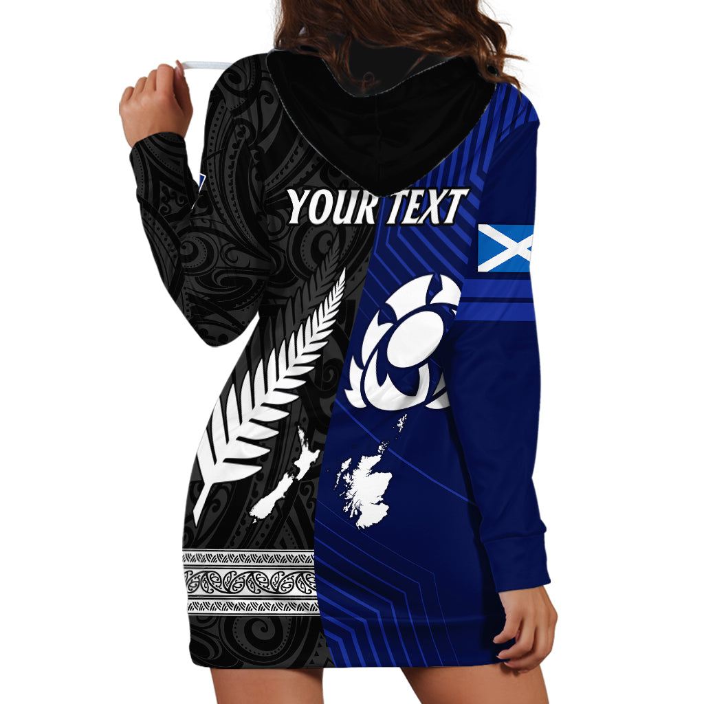 Personalised New Zealand and Scotland Rugby Hoodie Dress All Black Maori With Thistle Together - Vibe Hoodie Shop