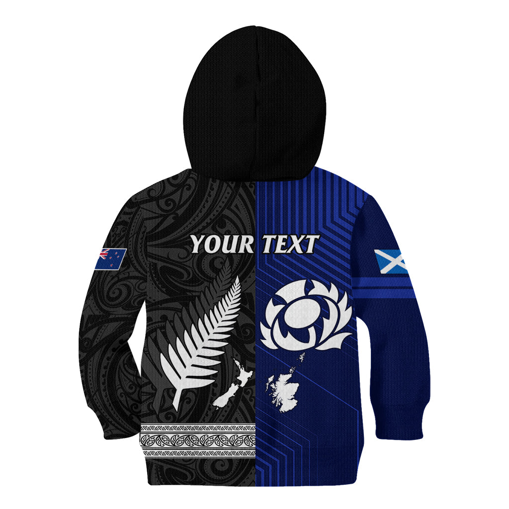 Personalised New Zealand and Scotland Rugby Kid Hoodie All Black Maori With Thistle Together - Vibe Hoodie Shop