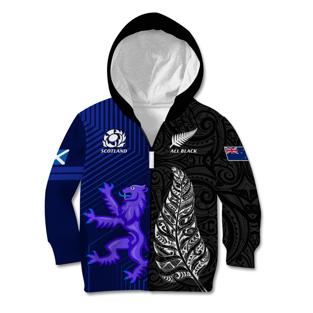 Personalised New Zealand and Scotland Rugby Kid Hoodie All Black Maori With Thistle Together - Vibe Hoodie Shop