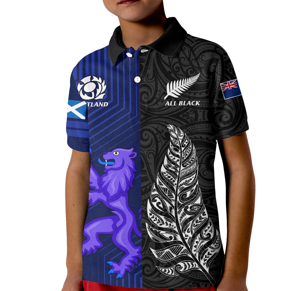 Personalised New Zealand and Scotland Rugby Kid Polo Shirt All Black Maori With Thistle Together - Vibe Hoodie Shop