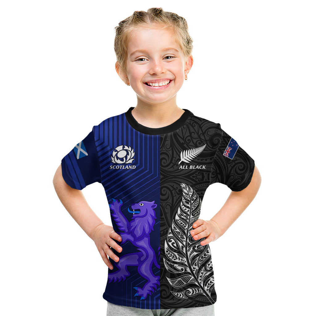 Personalised New Zealand and Scotland Rugby Kid T Shirt All Black Maori With Thistle Together - Vibe Hoodie Shop