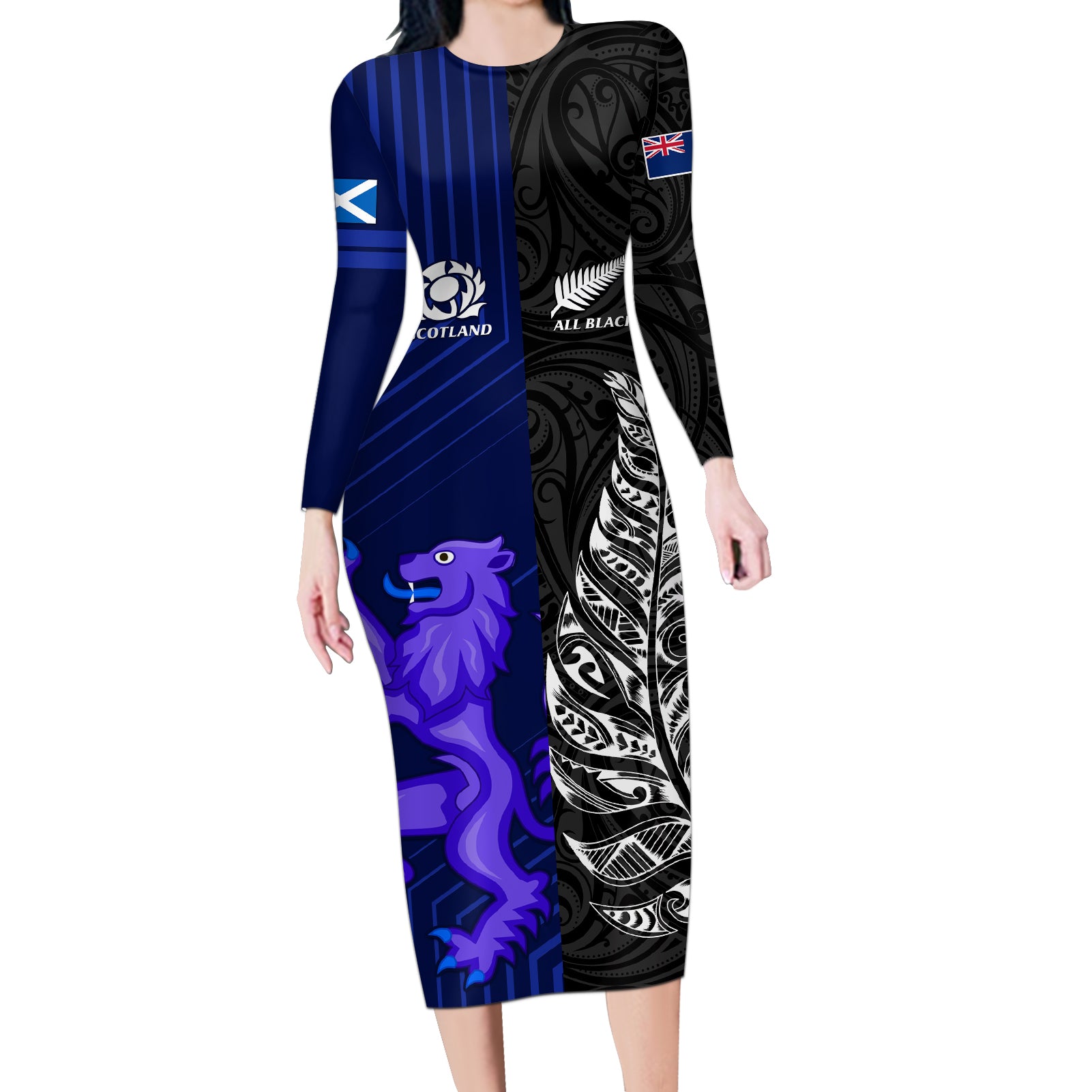 personalised-new-zealand-and-scotland-rugby-long-sleeve-bodycon-dress-all-black-maori-with-thistle-together