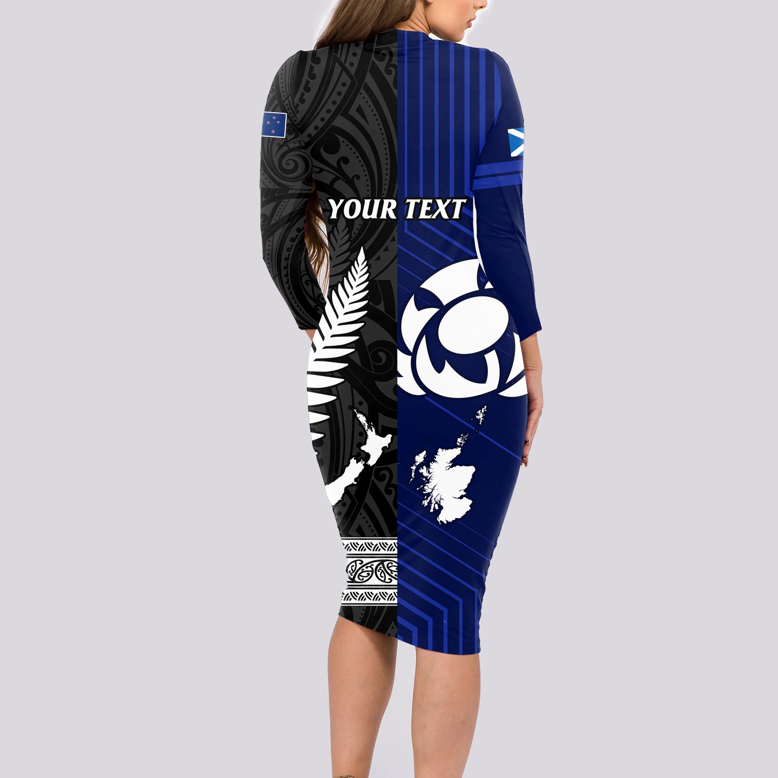 personalised-new-zealand-and-scotland-rugby-long-sleeve-bodycon-dress-all-black-maori-with-thistle-together