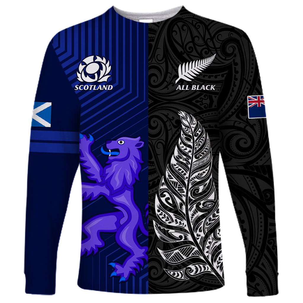 Personalised New Zealand and Scotland Rugby Long Sleeve Shirt All Black Maori With Thistle Together - Vibe Hoodie Shop