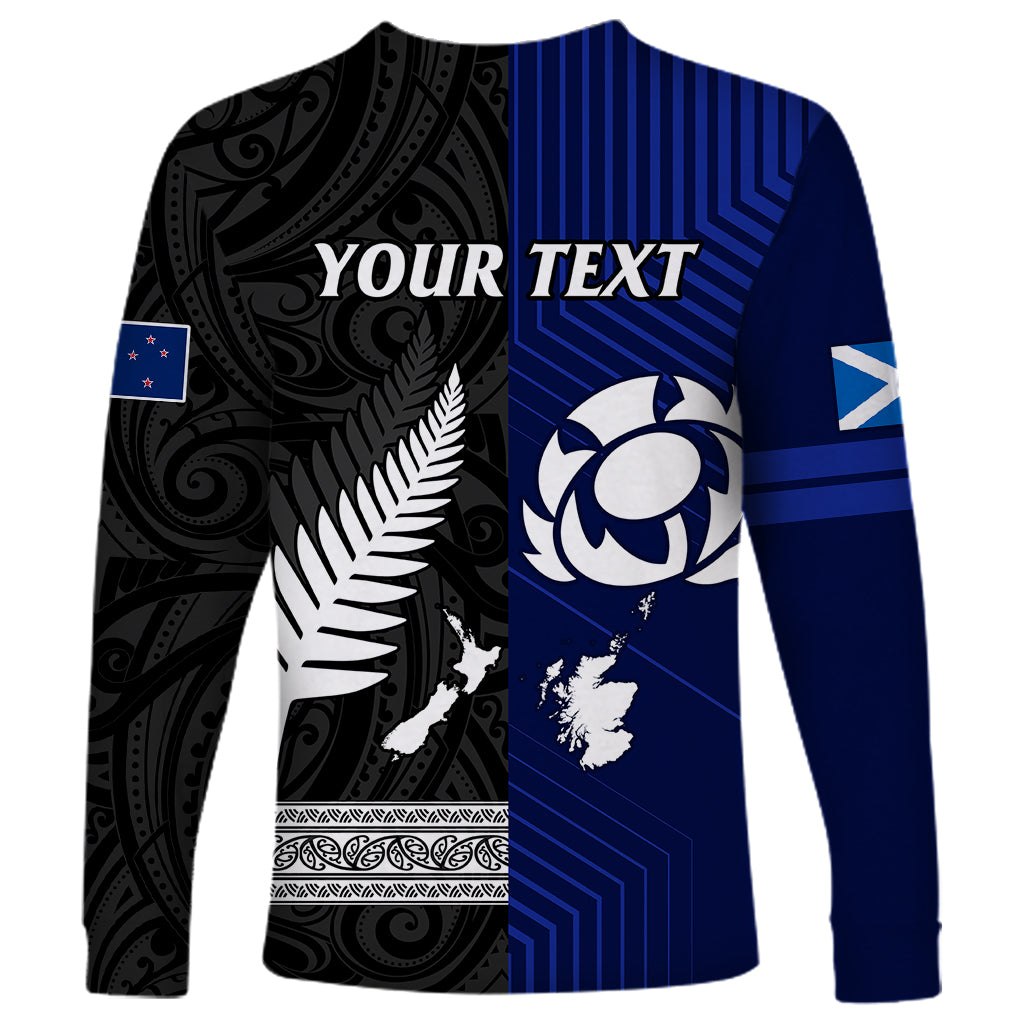Personalised New Zealand and Scotland Rugby Long Sleeve Shirt All Black Maori With Thistle Together - Vibe Hoodie Shop
