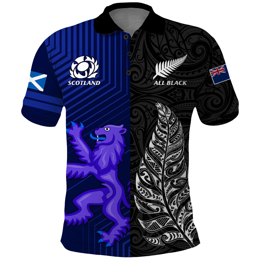 Personalised New Zealand and Scotland Rugby Polo Shirt All Black Maori With Thistle Together - Vibe Hoodie Shop