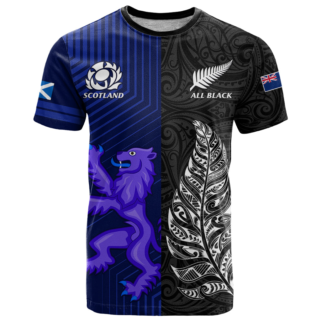 Personalised New Zealand and Scotland Rugby T Shirt All Black Maori With Thistle Together - Vibe Hoodie Shop