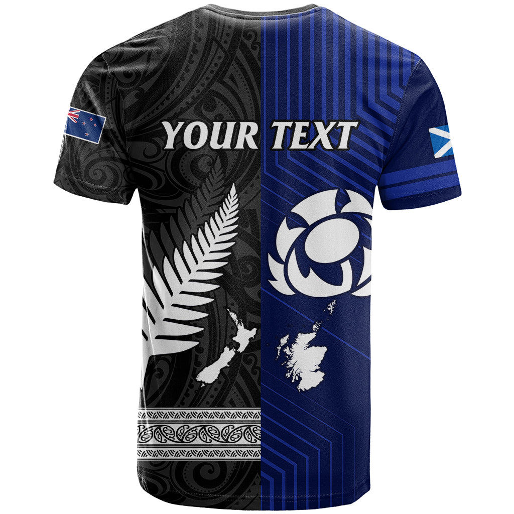 Personalised New Zealand and Scotland Rugby T Shirt All Black Maori With Thistle Together - Vibe Hoodie Shop